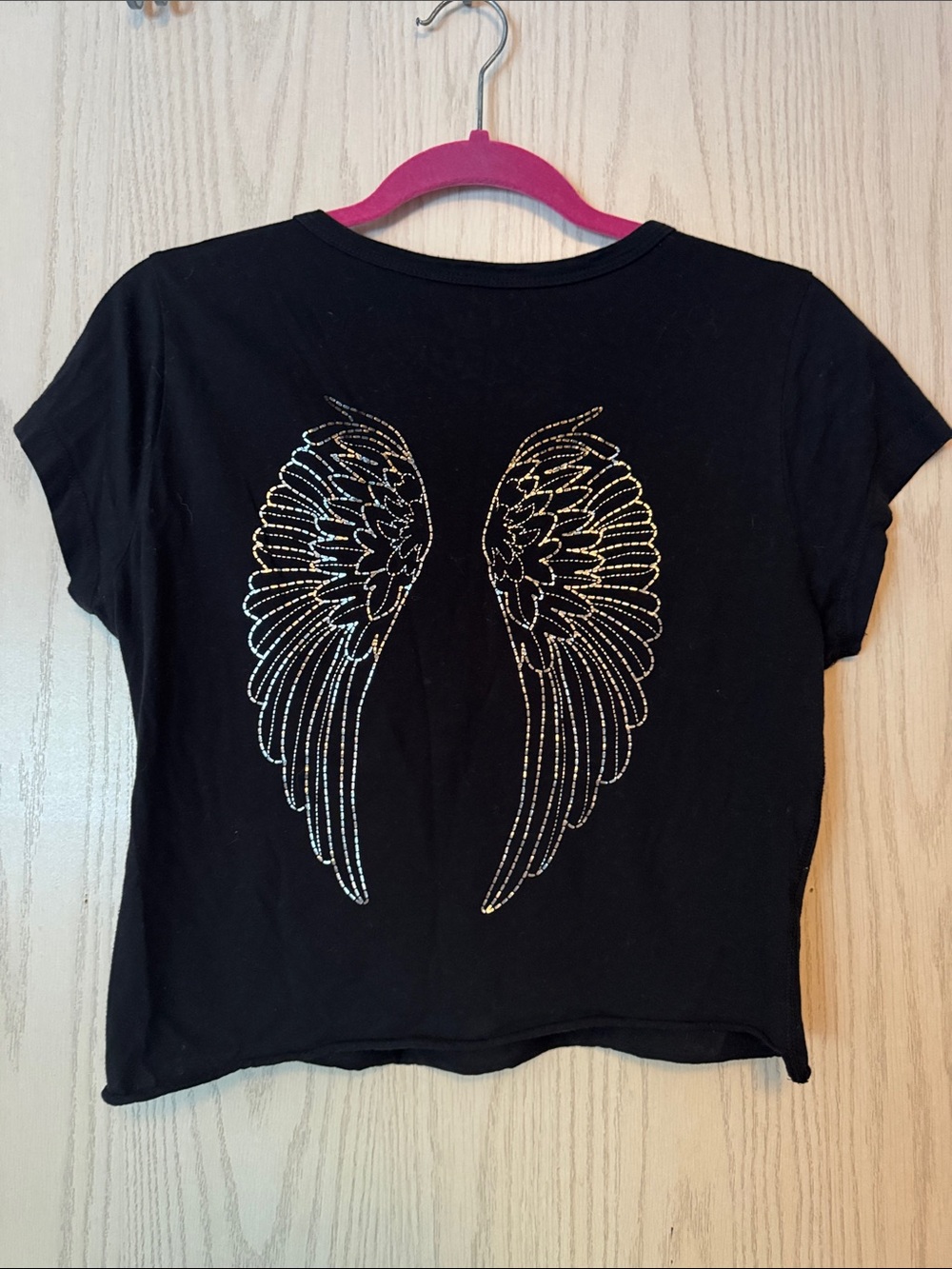 Y2K Black Crop Tee with wings & stars Silver Accents